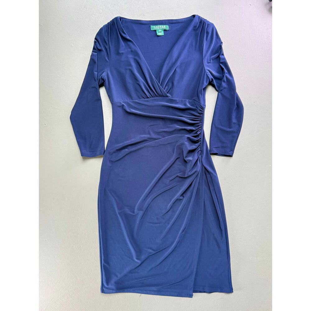 Lauren Ralph Lauren Navy Ruched Faux Wrap Dress Petite 2P Cocktail Career